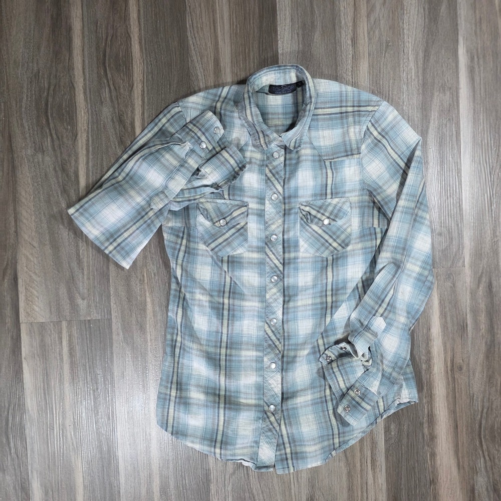 Topshop Womens Blue Plaid‎ Western Snap Button Down Shirt Size US 4 Pearl Snaps